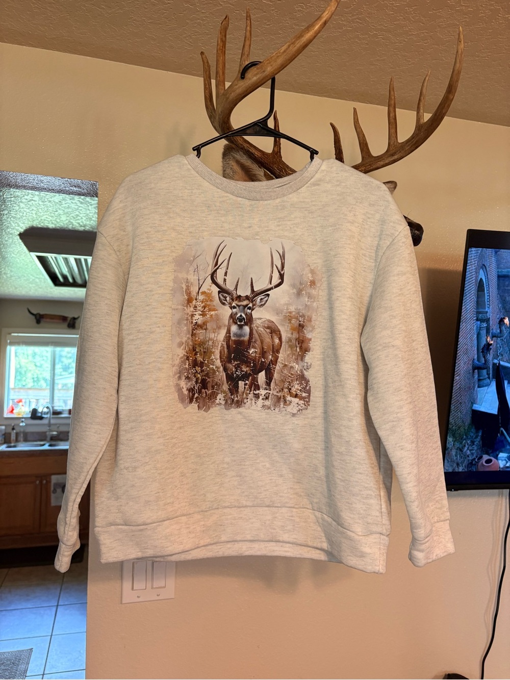 Men's Cream Graphic Deer Crewneck Sweater